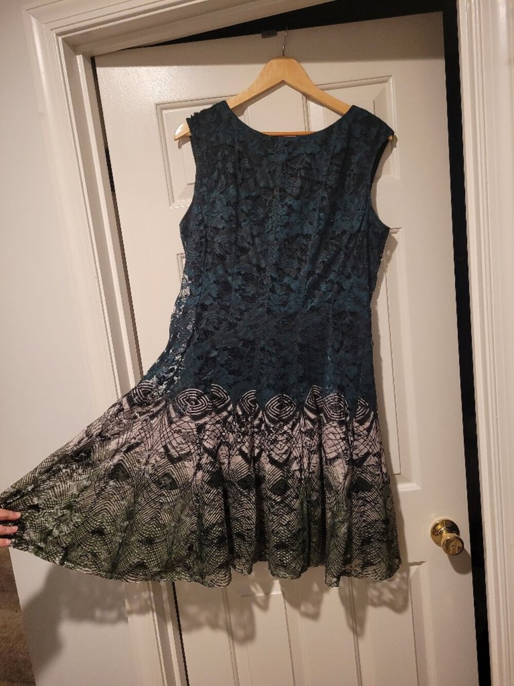 Teal Green Lace A-Line Dress with Black & Ivory Printed Hem